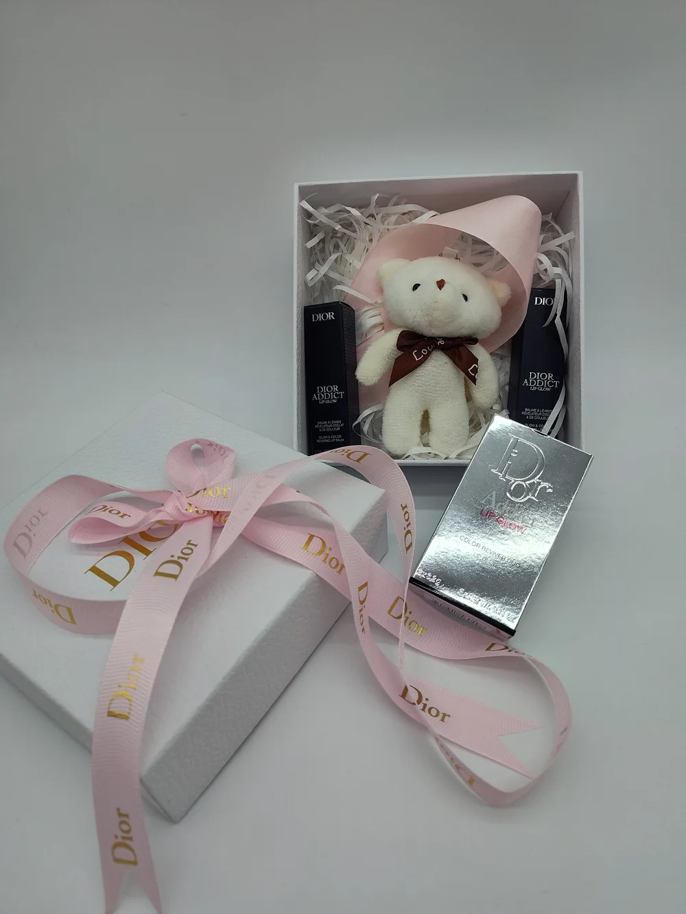 DIOR Addict Lip Glow Color 001 004 Reviver Duo Gift Set Teddy Bear Ribbon Box